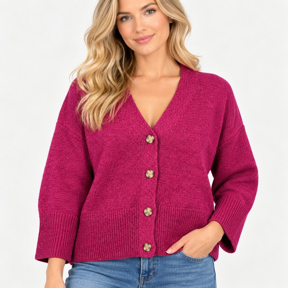 Gap Womens Magenta Pink Marl Cotton Knit V-Neck Button Cardigan Large Petite